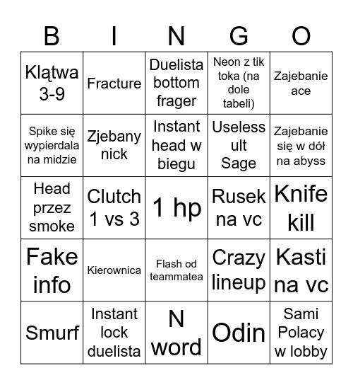 Valorant ze zjebami Bingo Card