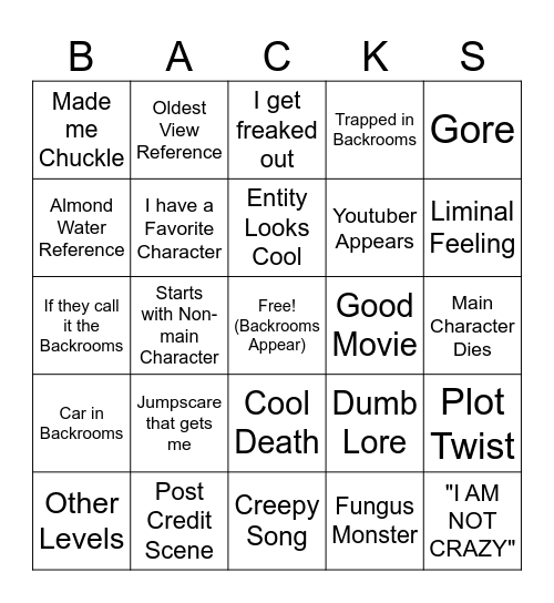 Backrooms Movie Bingo Card