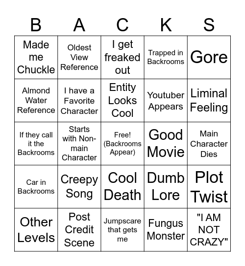 Backrooms Movie Bingo Card