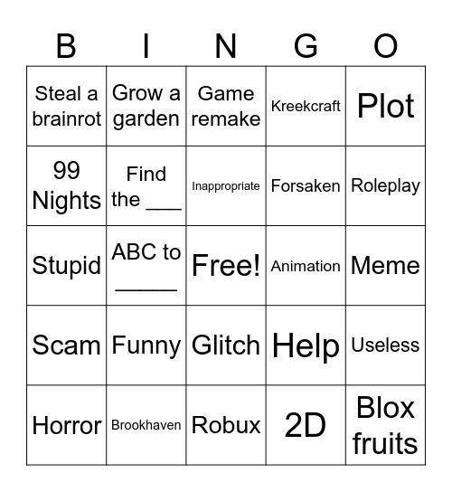 Roblox TikTok Bingo Card