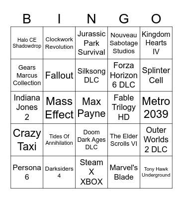 Xbox Games Showcase Bingo Card
