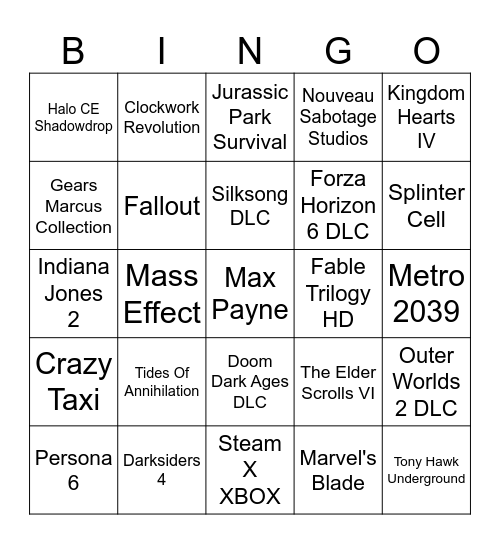 Xbox Games Showcase Bingo Card