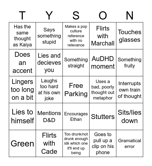 Tyson Bingo Card