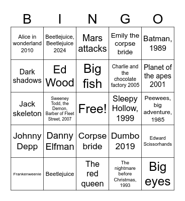 Tim Burton bingo Card