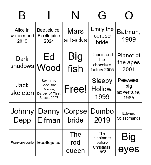 Tim Burton bingo Card