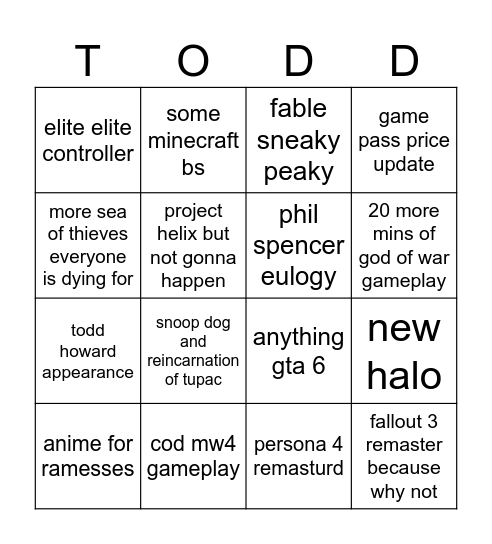 XBOX Games Showcase 2026 Bingo Card