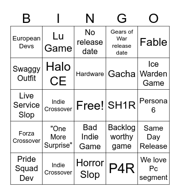 Xbox Showcase Bingo Card