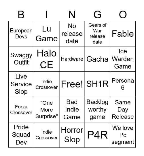 Xbox Showcase Bingo Card