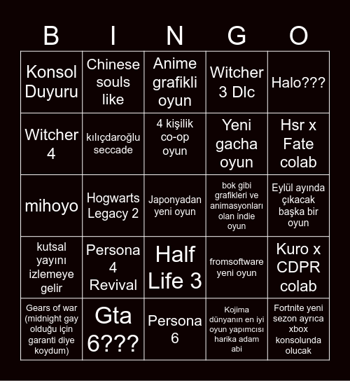 Japon oyun yapımcısı sikimoto Bingo Card