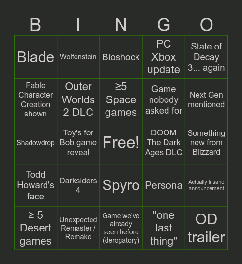 Xbox Showcase June 2026 Bingo Card