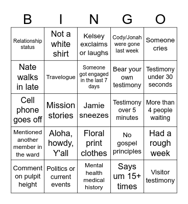 Geriatric YSA Bingo Card