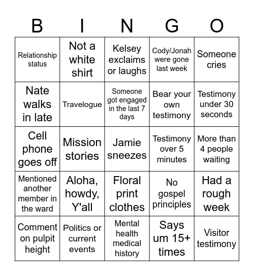 Geriatric YSA Bingo Card