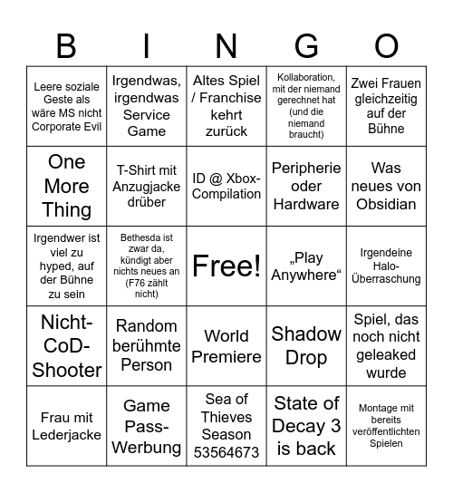Xbox Showcase Bingo Card