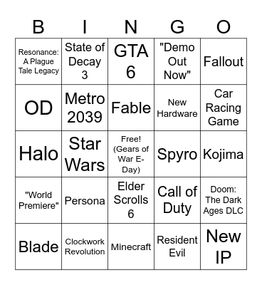 Xbox Games Showcase / PC Gaming Show 2026 Bingo Card