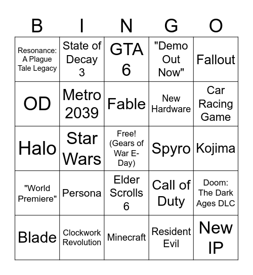Xbox Games Showcase / PC Gaming Show 2026 Bingo Card