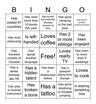 Bachelorette Bingo Card