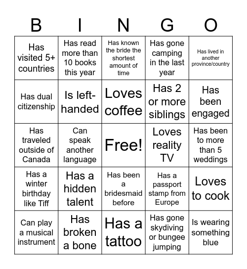 Bachelorette Bingo Card