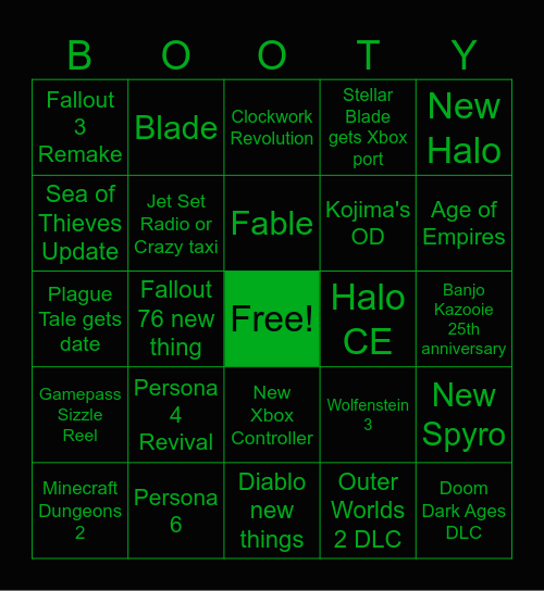 XBOX Games Showcase 2026 Bingo Card
