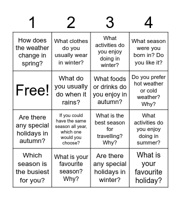 Seasons Bingo Card