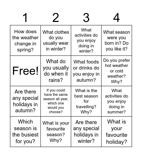 Seasons Bingo Card