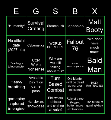 Xbox Showcase Bingo Card
