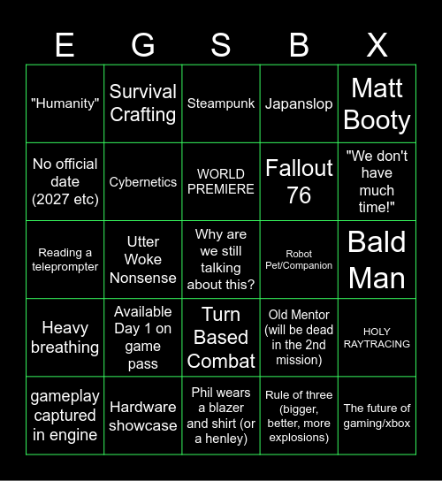 Xbox Showcase Bingo Card