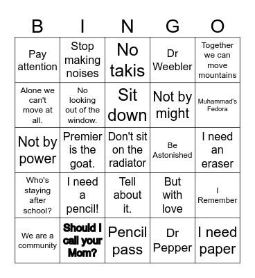 Dr Weber's Bingo Card
