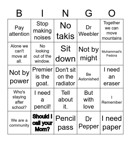 Dr Weber's Bingo Card