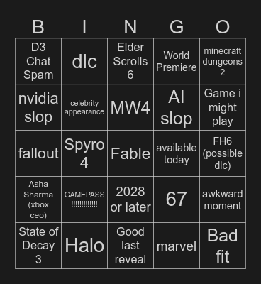 XBOX Showcase Bingo Card