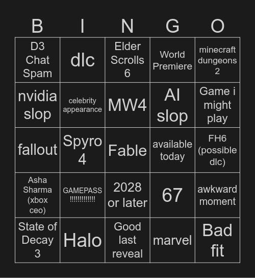 XBOX Showcase Bingo Card