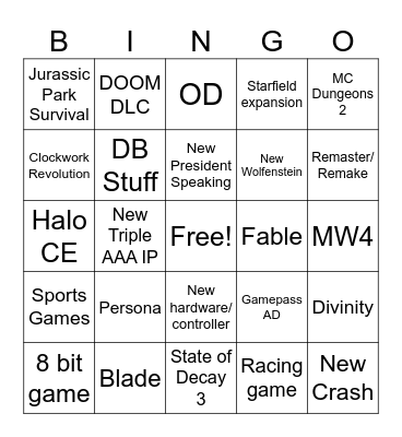 Xbox Showcase Bingo Card