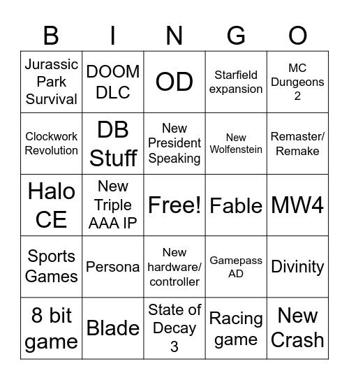 Xbox Showcase Bingo Card