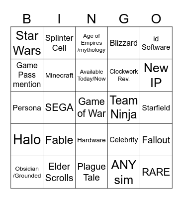 Xbox 2026 Announcement Bingo Card