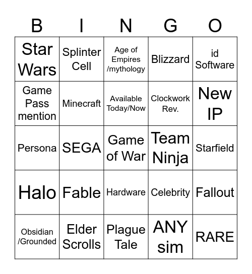 Xbox 2026 Announcement Bingo Card