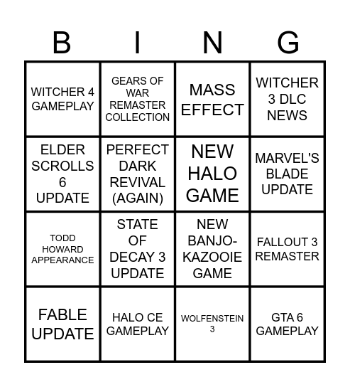 Xbox Game Showcase Bingo Card