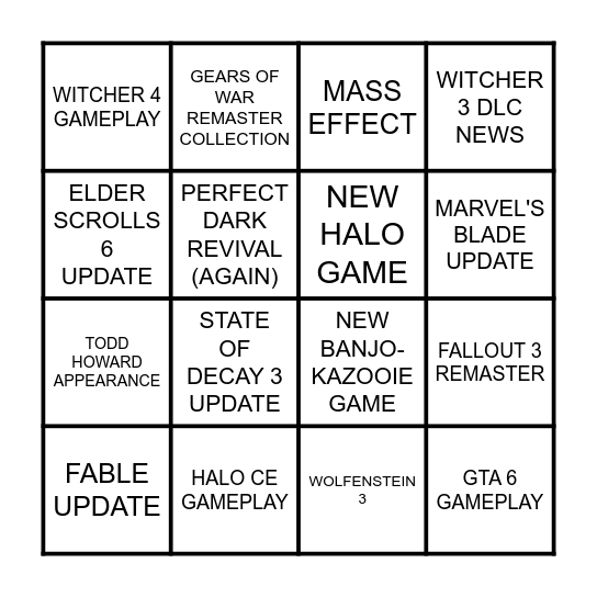 Xbox Game Showcase Bingo Card