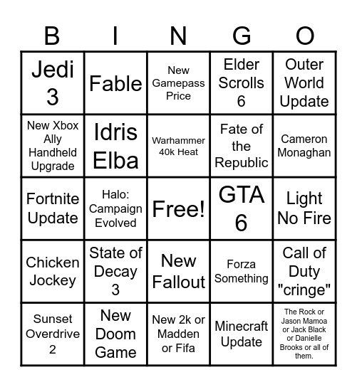 Xbox Showcase Bingo Card