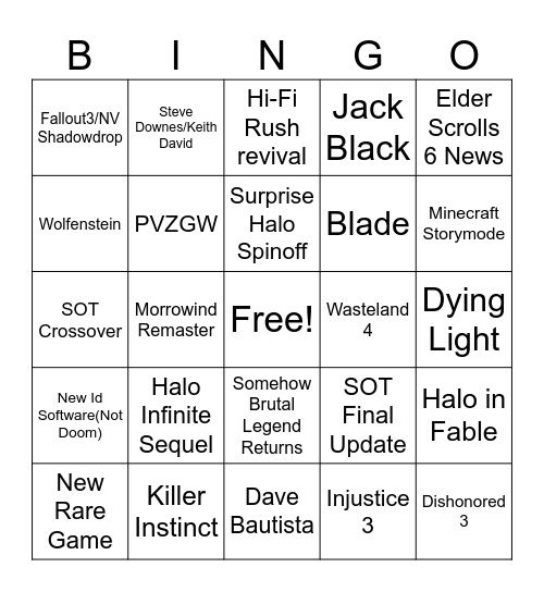Xbox Bingo Card