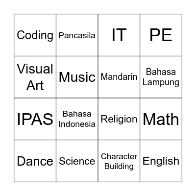 School Subject Bingo Card