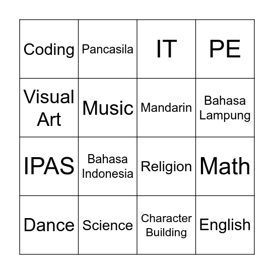 School Subject Bingo Card