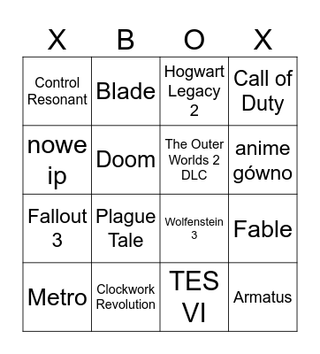 Xbox Showcase Bingo Card