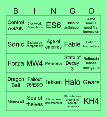 XBOX Showcase 2026 Bingo Card