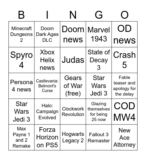 XBOX SHOWCASE TODAY Bingo Card