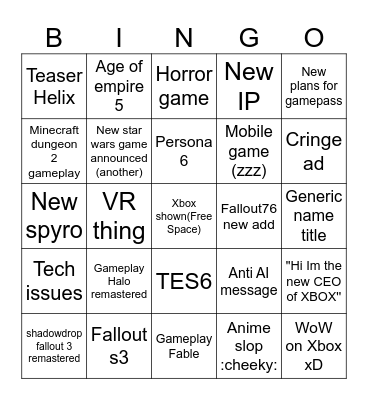 Xbox Showcase Bingo Card