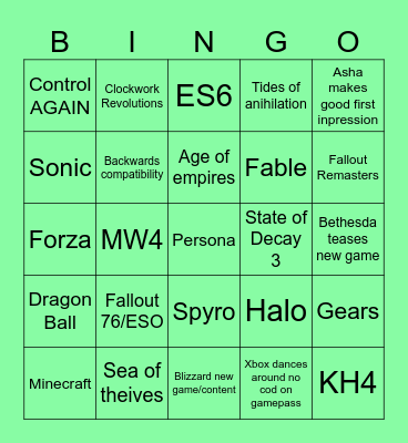 XBOX Showcase 2026 Bingo Card