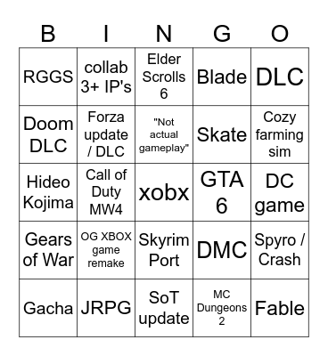 Xbox Showcase 2026 Bingo Card