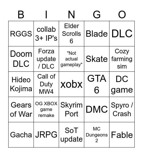 Xbox Showcase 2026 Bingo Card