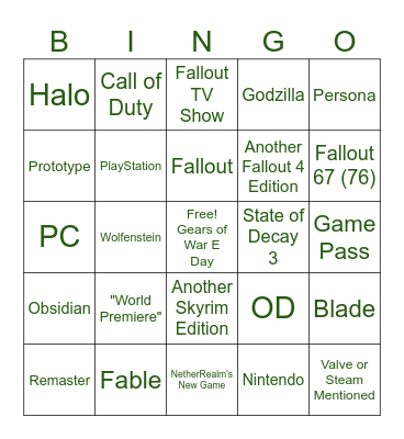 XBOX Showcase BINGO Card