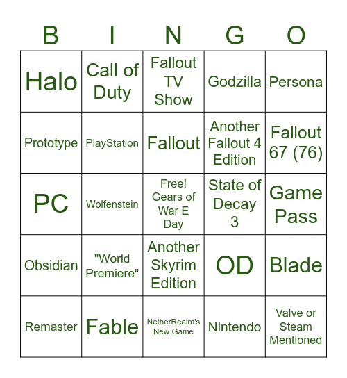 XBOX Showcase BINGO Card