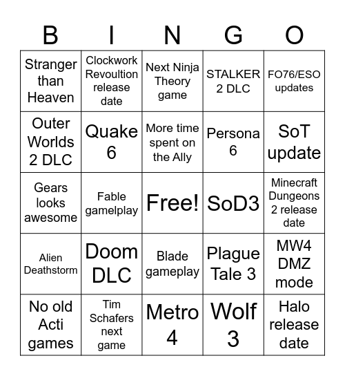 Xbox Games Showcase 2026 Bingo Card